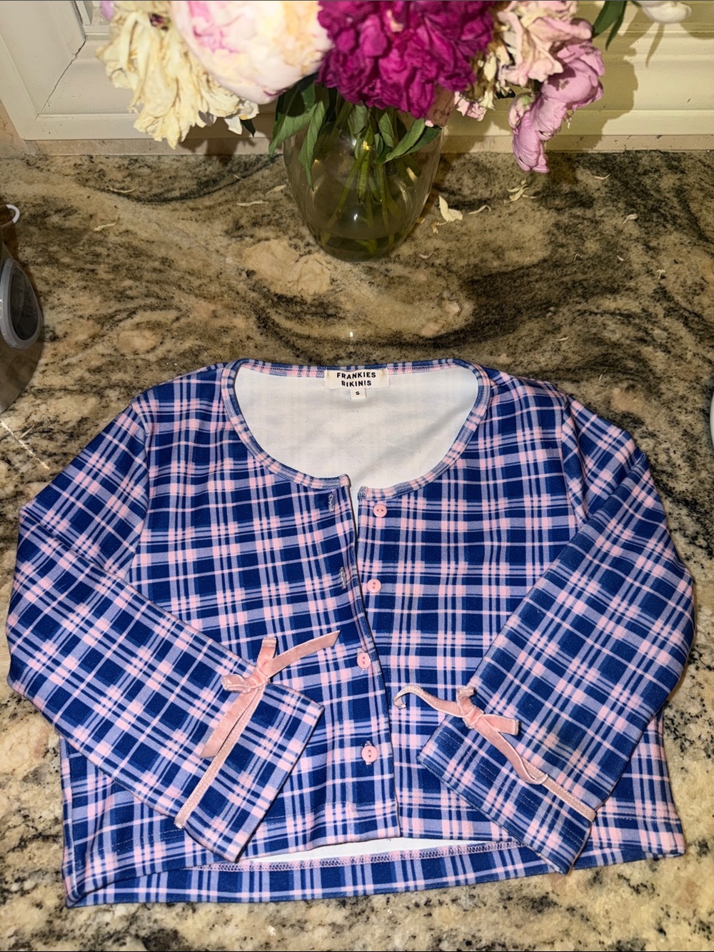 Frankie’s Bikinis Velour Plaid top with velvet ribbon bows 🎀 PERFECT CONDITION